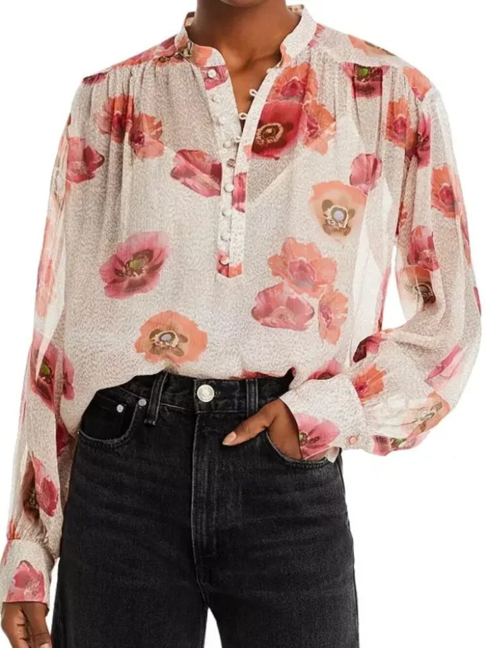 Rag & Bone Carla Floral-Printed Shirt poppy flowers sheer blouse top XS long slv